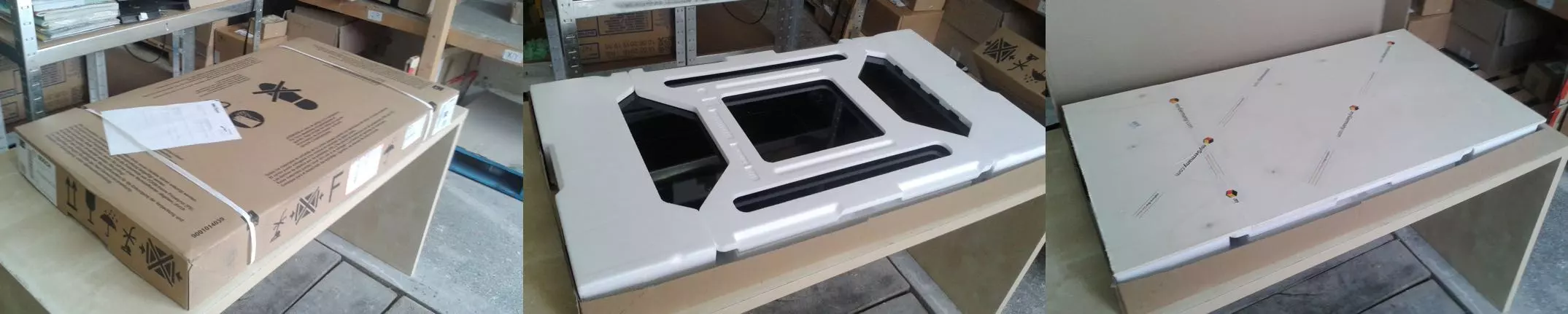 flat packed box on table with protective foam and assembly instructions